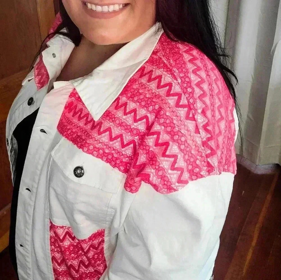 Lucky & Blessed Jackets & Blazers - White Denim Jacket with Pink Detail